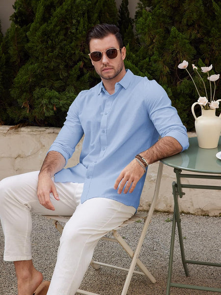 Mens Long Sleeve Casual Cotton Linen Shirts Buttons down Summer Solid Plain Beach Yoga T Shirts