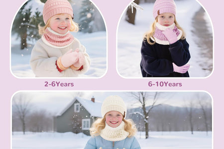 3Pcs Kids Winter Beanie Hat Scarf Gloves Set for 2-6-10-14 Years Old Boys Girls, Knit Thick Warm Fleece Lined Thermal Sets