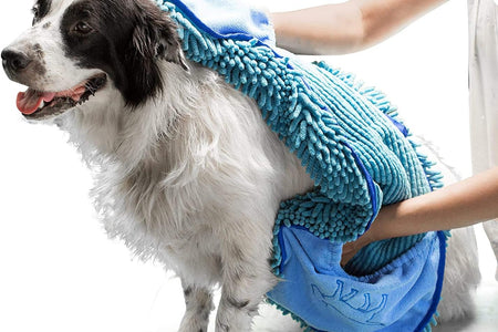Quick Dry Towel for Dogs | Ultra Absorbent Microfiber Shammy | Extra Large 35X15 Size for All Breeds | Comfortable Hand Pockets | Indoor Outdoor Use | Durable Material | Machine Washable