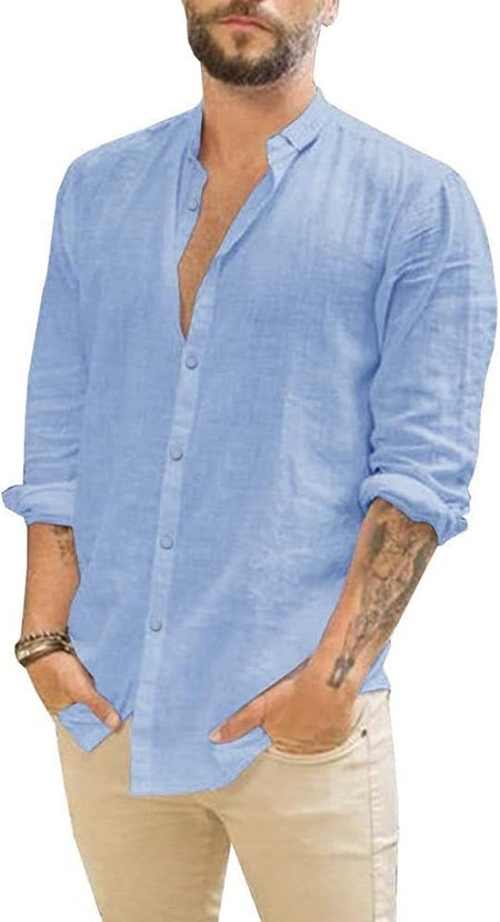 Mens Long Sleeve Casual Cotton Linen Shirts Buttons down Summer Solid Plain Beach Yoga T Shirts