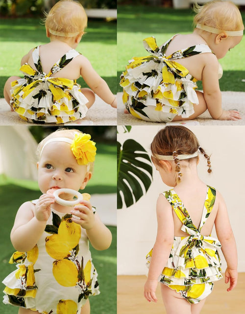 Load image into Gallery viewer, Baby Girl'S Floral Print Ruffles Romper Summer Clothes with Headband
